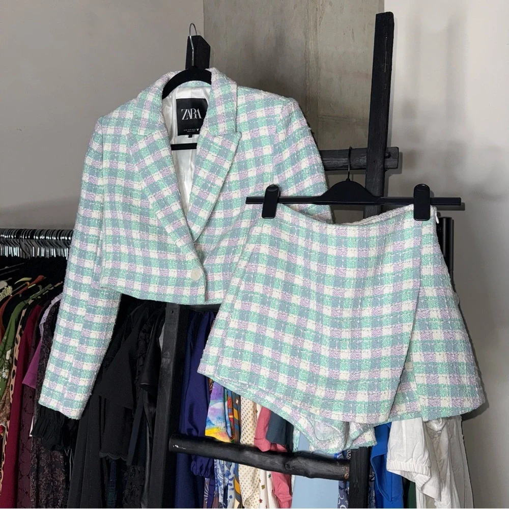 Zara Pastel Plaid Cropped Blazer and Skort Set - Picture 5 of 17